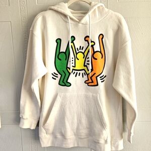 Goodie Two Sleeves x Keith Haring White Fleece Hoodie Pullover Sweatshirt Sz S/M